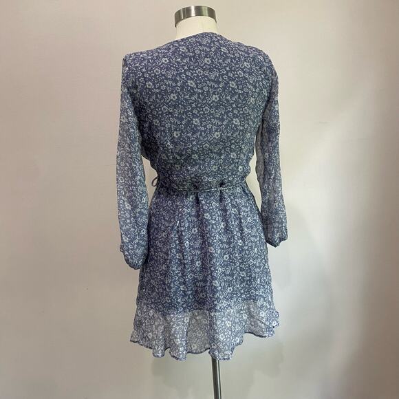 Abercrombie & Fitch Dusty Blue Floral Chiffon Wrap Mini Dress Size Small - Picture 12 of 14